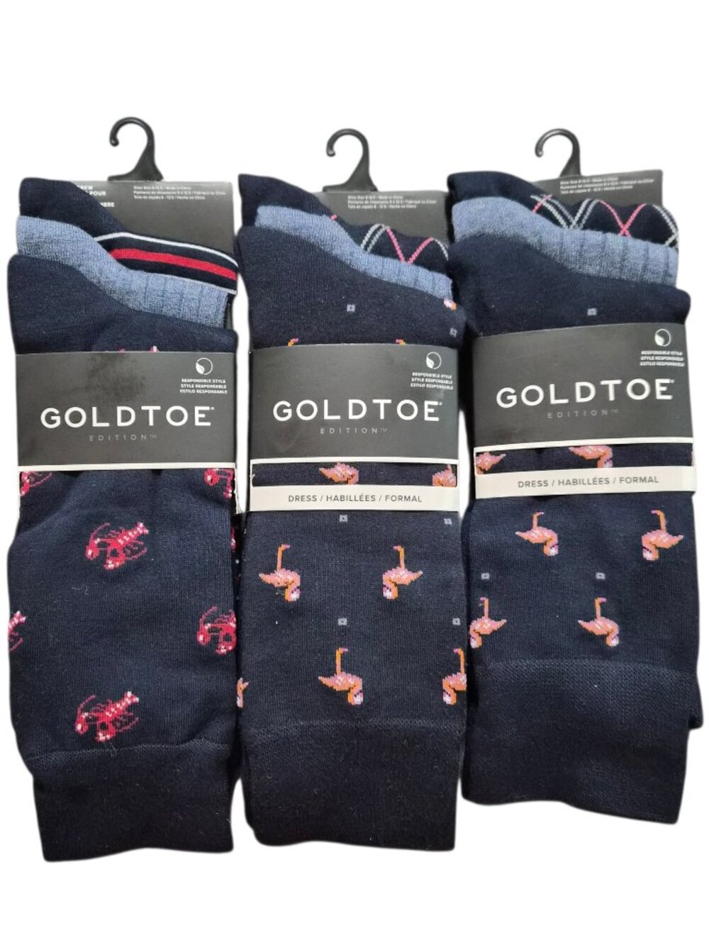 9 Pair Goldtoe Men's Casual Crew Socks Size 6-12.5 Argyle, Flamingos, Lobster
